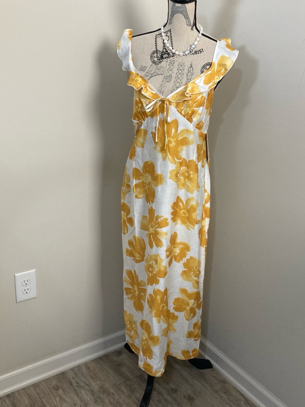 Persaya Yellow Floral Ruffle-Trim Maxi Sleeveless Dress
